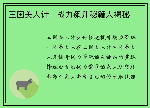 三国美人计：战力飙升秘籍大揭秘